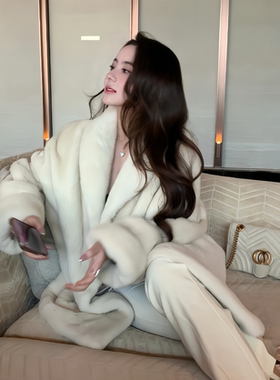 新款翻袖进口天鹅绒貂皮大衣中长款年轻时尚仿水貂毛皮草外套女冬