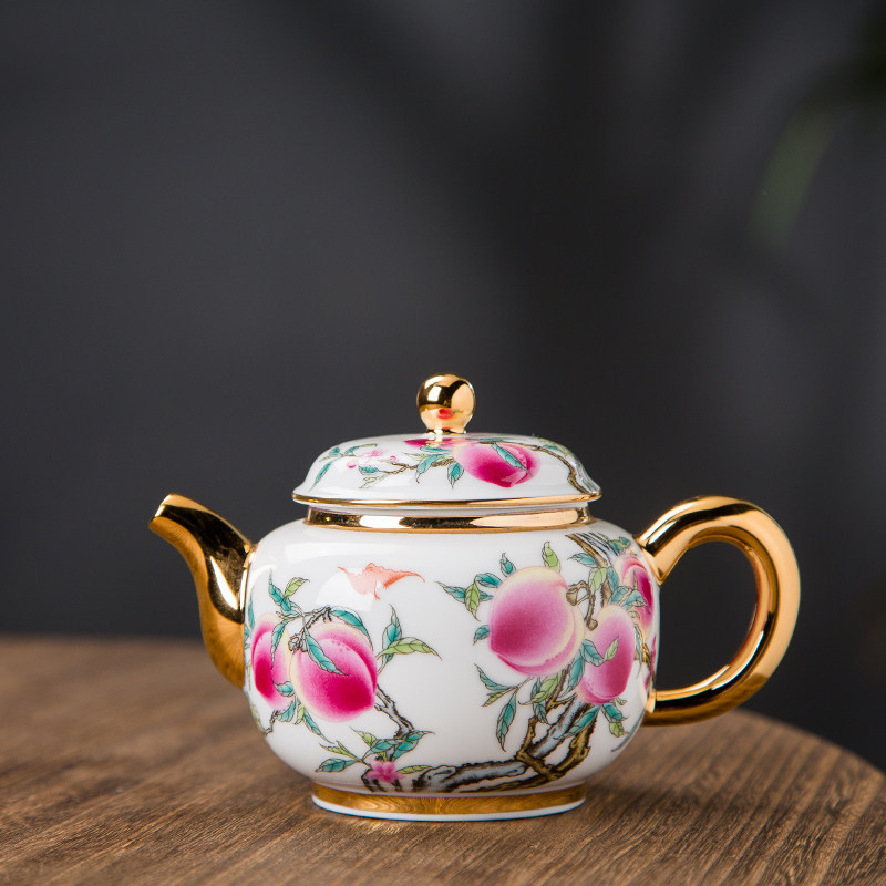 描金寿桃将军壶根雕壶夫人壶茶盘壶承小茶杯景德镇瓷器茶具仿古瓷