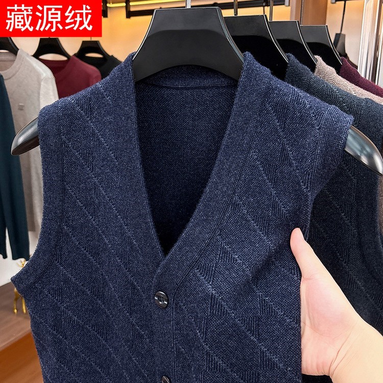 藏源绒中老年男士V领开衫马甲加厚保暖背心爸爸装坎肩毛衣外套冬