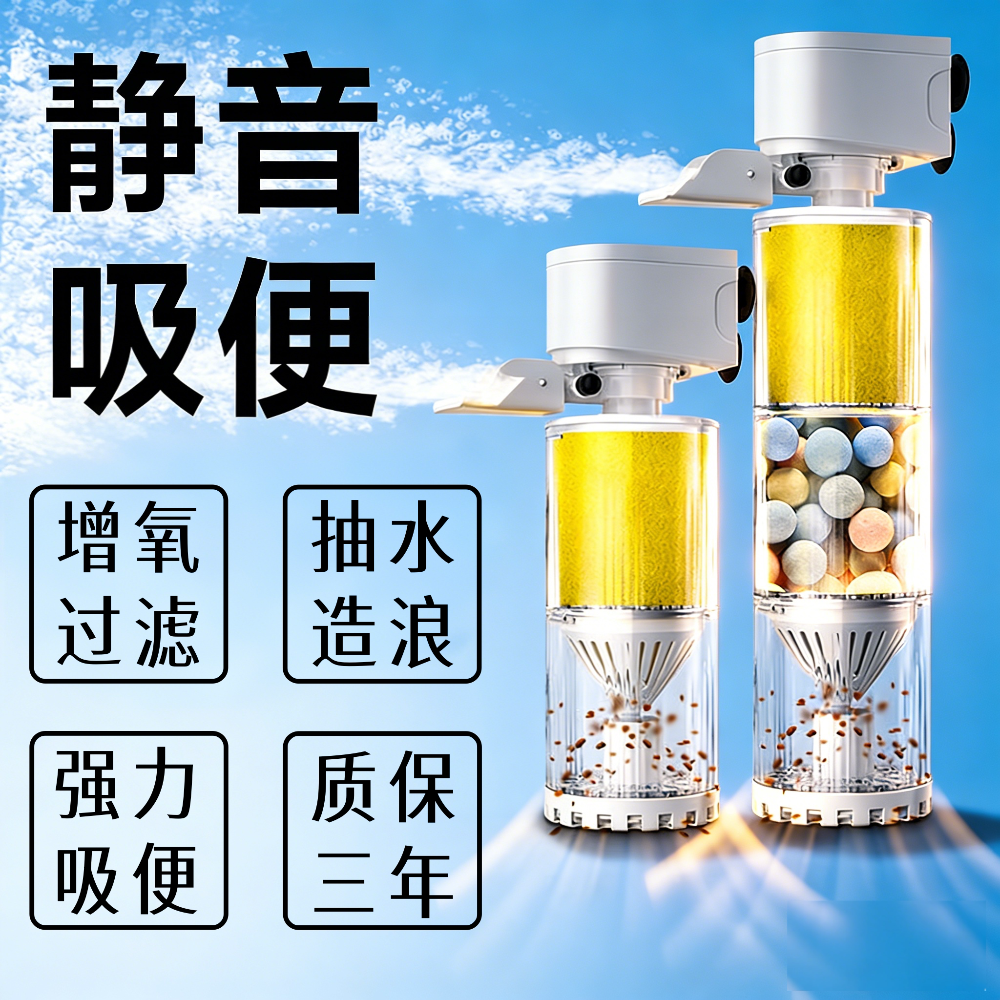 家用鱼缸过滤器内置制氧一体机增氧静音三合一小型循环水泵吸粪