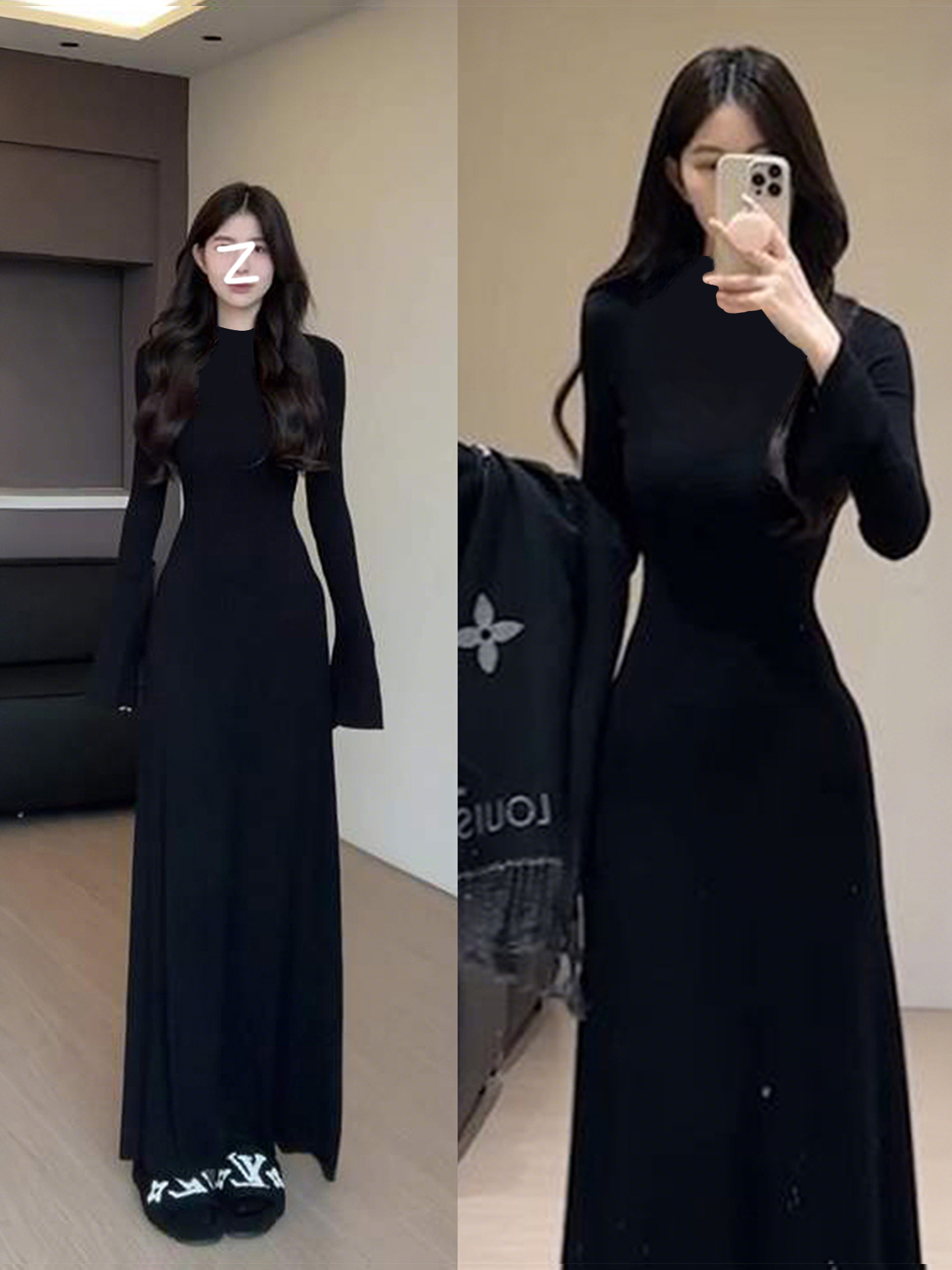 黑色高领针织连衣裙女早秋冬季大衣内搭长款包臀长裙子老钱风穿搭