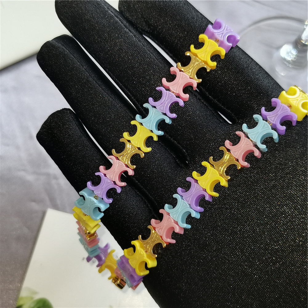 新款celi凯旋门亚克力彩色树脂项链耳钉马卡龙糖果色耳环三件套女