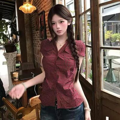 红色格纹正肩短款衬衫女韩系复古