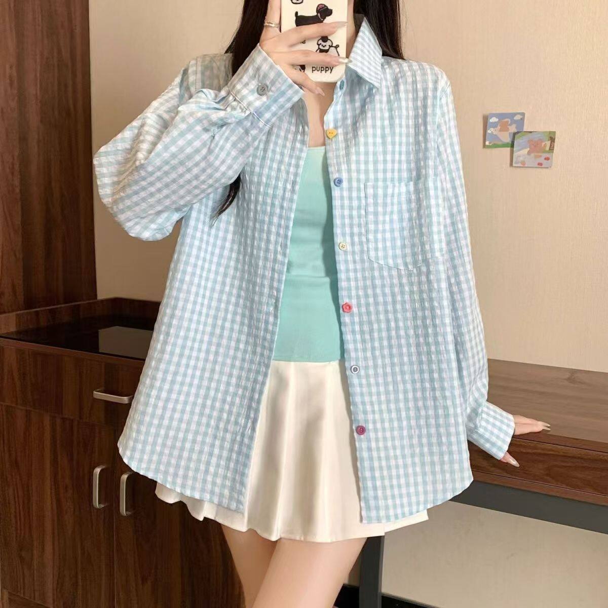 薄款蓝色格子宽松设计感小众长袖衬衫春夏女气质休闲微透防晒上衣