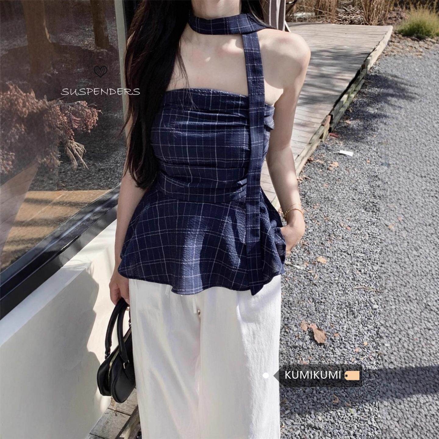 复古撞色辣妹格子抹胸背心女装夏季小众荷叶边修身露肩短款小上衣