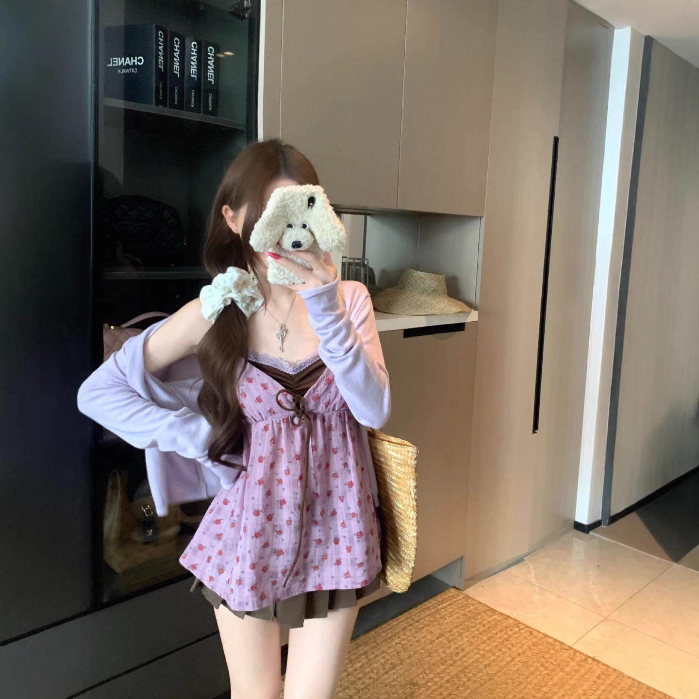 韩系甜美假两件碎花吊带背心女夏季新款外穿显瘦气质袖上衣简约风