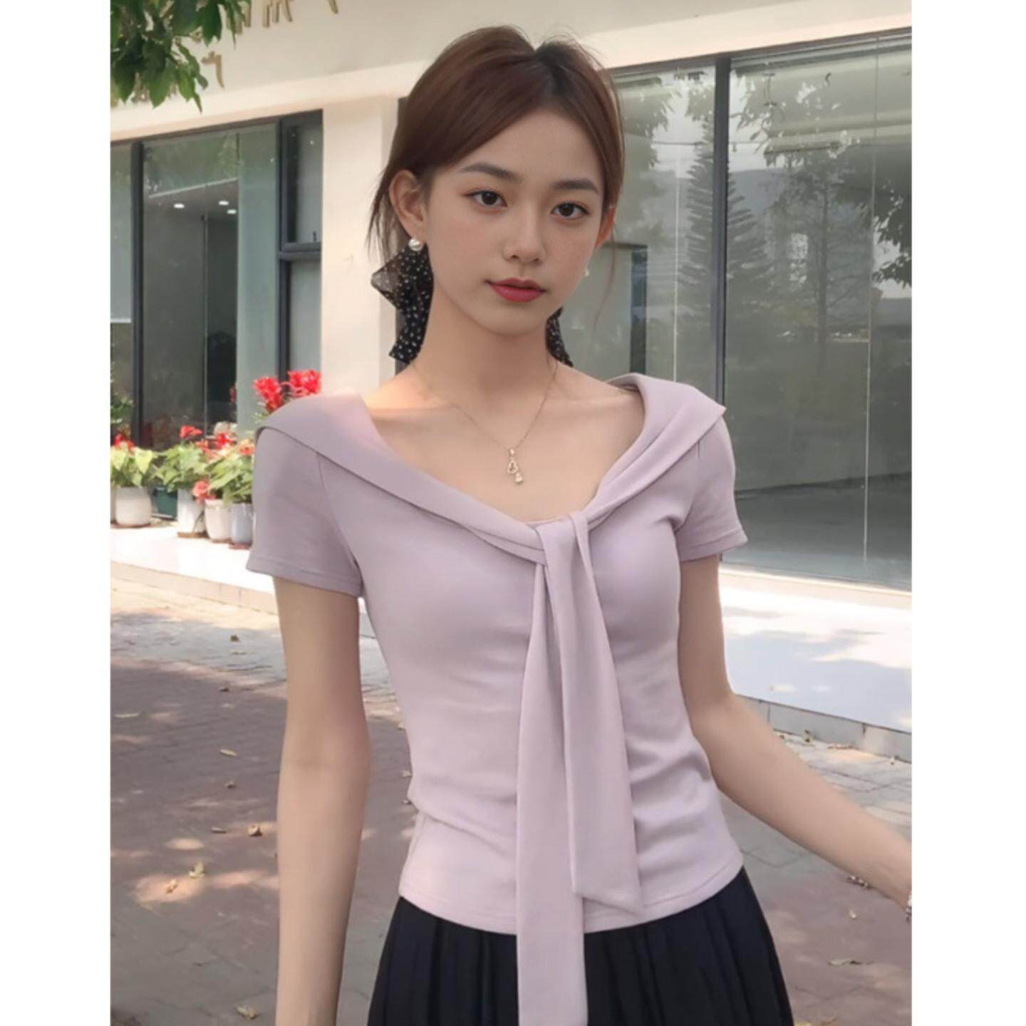韩系紫色正肩短袖T恤女夏季小众