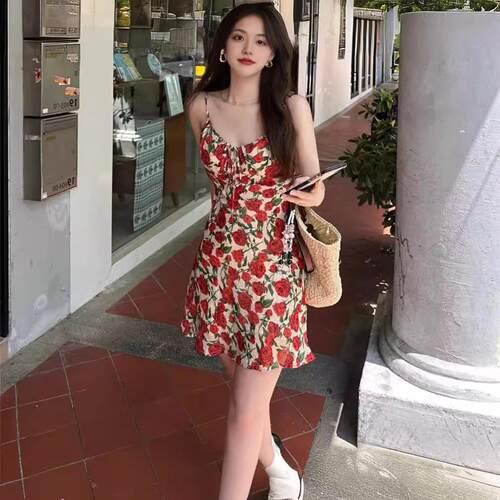 法式复古玫瑰碎花吊带连衣裙女