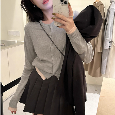 小众灰色假两件慵懒韩系设计感修身显瘦T恤长袖针织衫开衫上衣ins