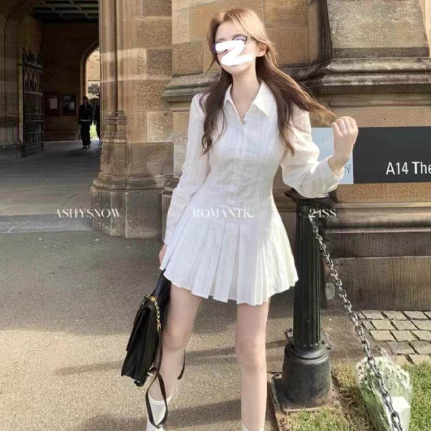 学院风白色长袖衬衫连衣裙女收腰气质设计感领百褶短裙子秋季