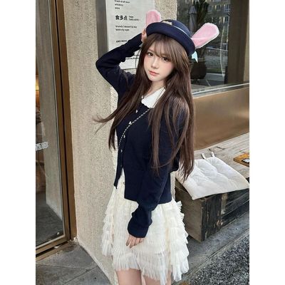 蕾丝拼接针织衫冬季修身显瘦短裙纯欲韩系针织开衫娃娃领上衣女装