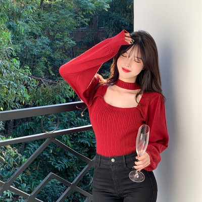 法式新款设计感方领长袖针织衫上衣修身显瘦泡泡袖短款正肩纯欲风