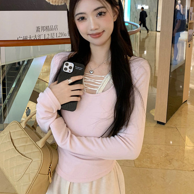 纯欲风性感蕾丝拼接长袖内搭t恤女冬季修身显瘦假两件打底上衣ins