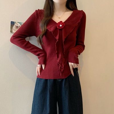 秋季辣妹V领花朵针织衫T恤修身收腰显瘦打底衫气质独特上衣ins女