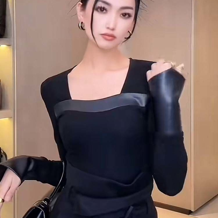 方领辣妹性感纯欲风秋冬修身显瘦长袖T恤韩系氛围感穿搭上衣ins女