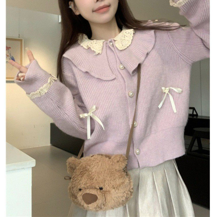 蕾丝花边娃娃领蝴蝶结粉色针织毛衣女装小个子温柔风短款开衫外套,女装/女士精品,毛针织衫,淘宝优惠券,粉丝福利购,淘宝优惠卷