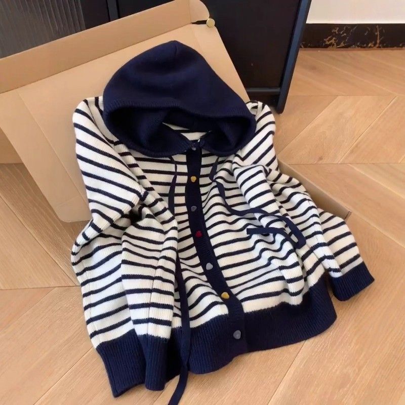 韩系慵懒风条纹连帽针织开衫女秋冬爱心纽扣软糯宽松毛衣外套上衣