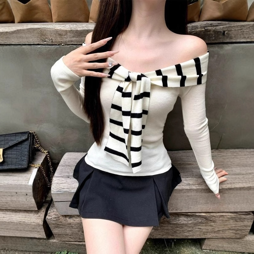 秋冬新款韩版学院风海军领条纹披肩辣妹针织衫长袖设计感上衣女