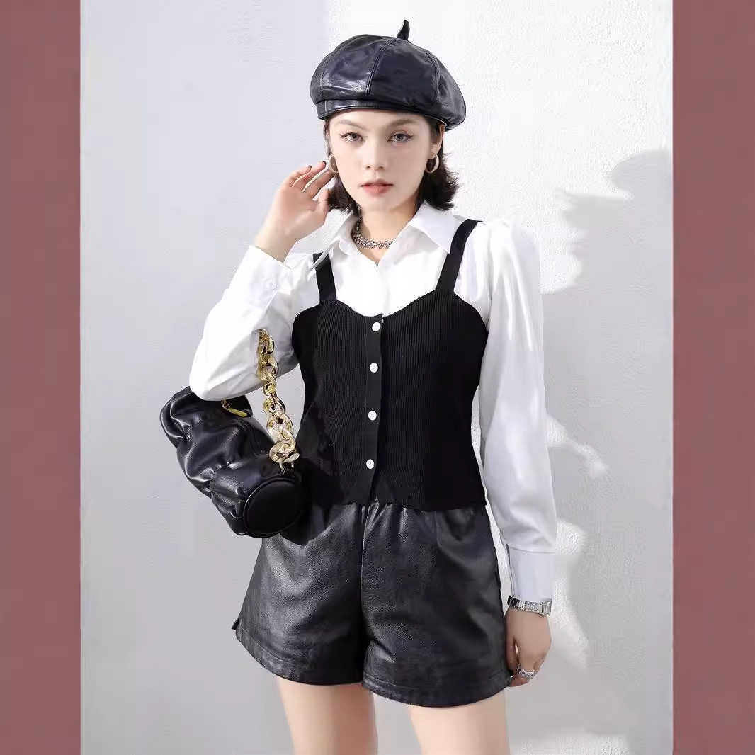 秋季新款拼接条纹针织背心假两件气质上衣女韩系翻领长袖衬衫女装