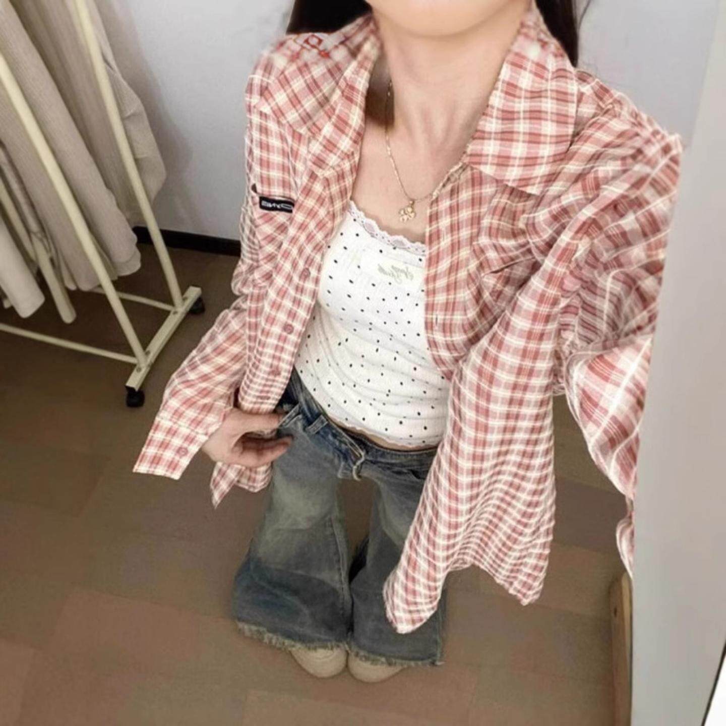 大码粉色格子衬衫女装春款翻领衬衣港味复古宽松休闲上衣外套涤纶