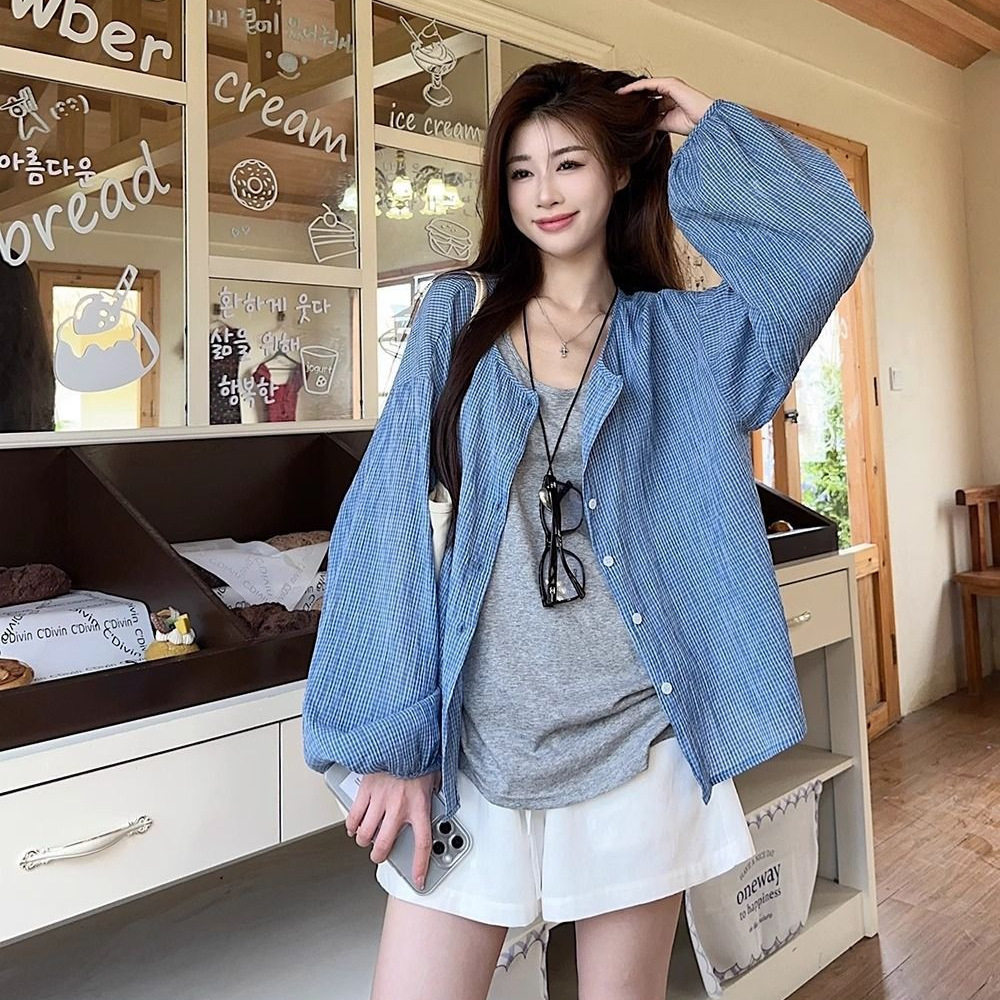 韩系慵懒风蓝色格子长袖防晒衬衫女夏季纯棉宽松衬衣休闲薄款上衣