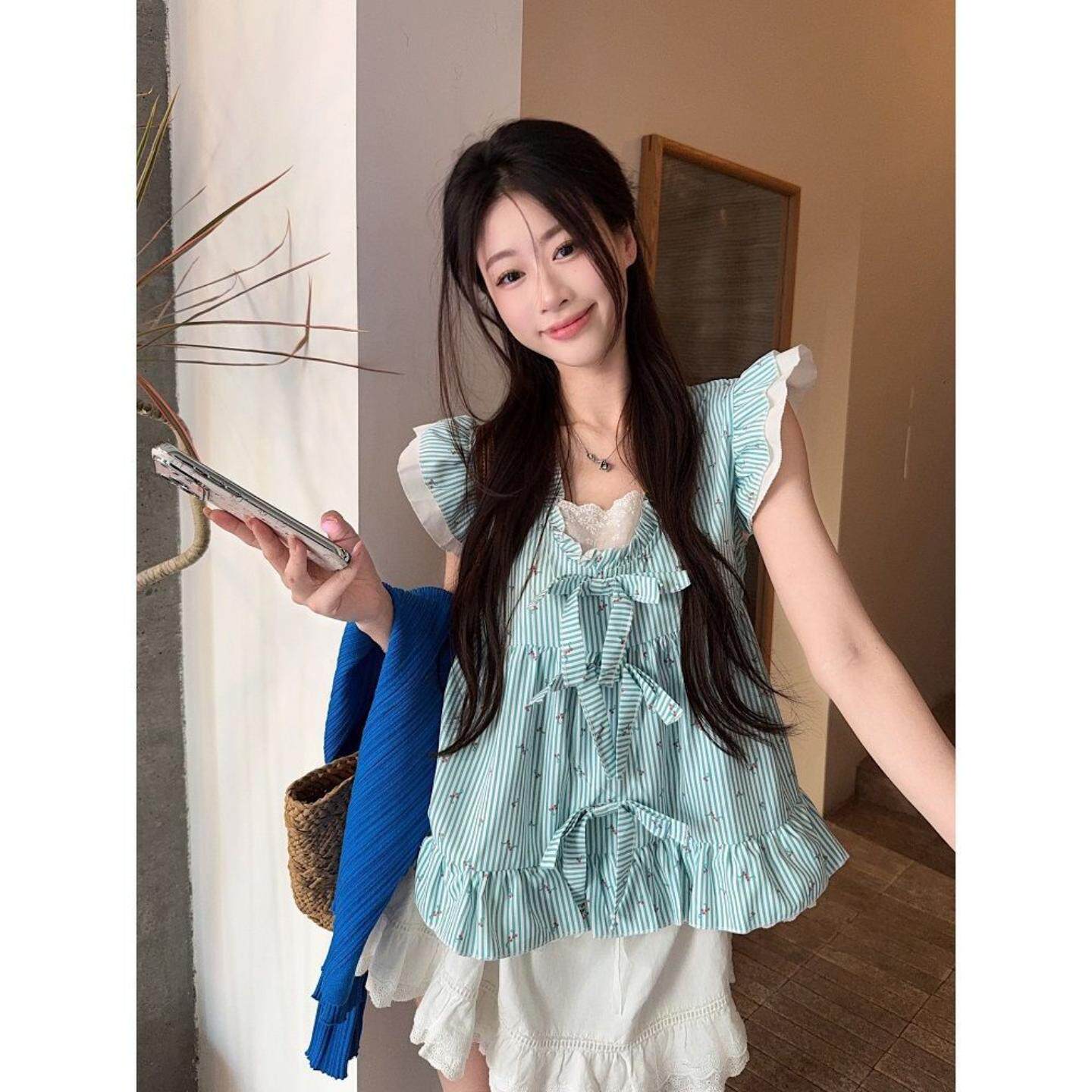 夏季新款绿色条纹小樱桃设计感女