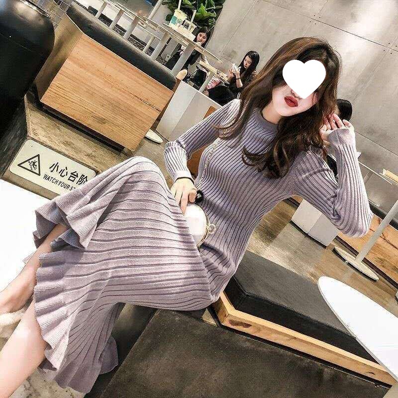 秋冬【超火】长款过膝慵懒针织毛衣大摆连衣裙修身高领打底鱼尾裙