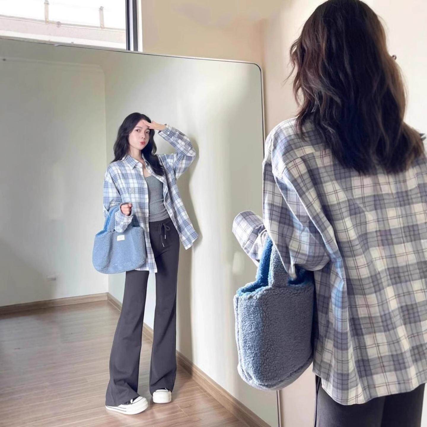 美式复古蓝白格子衬衫外套女宽松