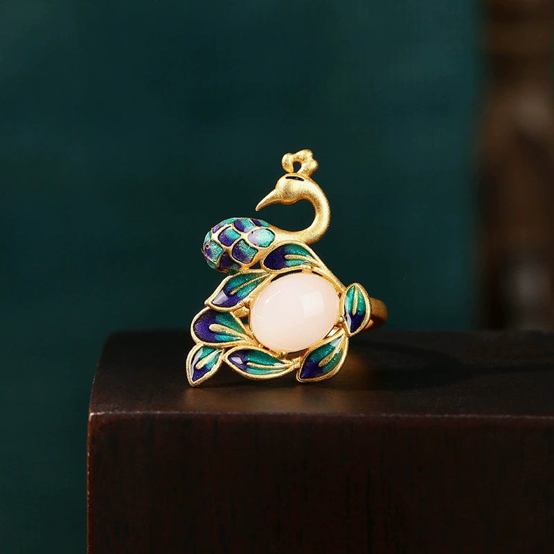 古法传承鎏金工艺东方古典彩绘珐琅国风中式凤凰来仪仿和田玉戒指