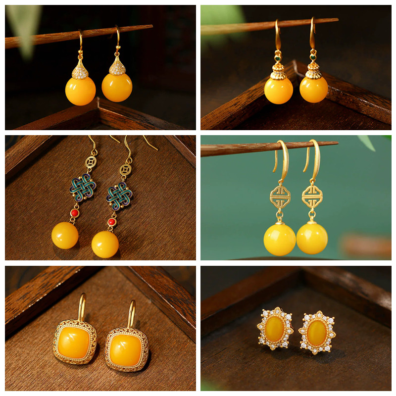 新中式中国风复古仿蜜蜡琥珀真金镀金祥云纹圆珠耳钩高级感耳环女