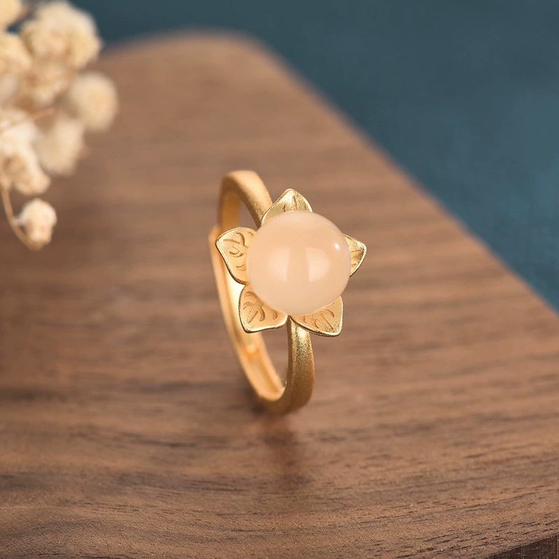 小众设计铜镀古法金复古镶天然仿和田玉白玉女士开口指环气质戒指