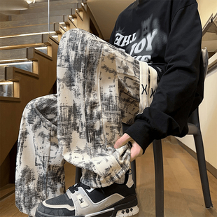 运动裤男加绒加厚秋冬季ins潮流宽松百搭青少年学生帅气扎染裤子