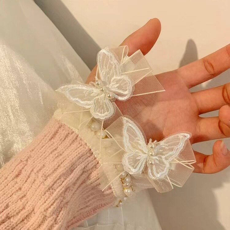 卡通白色网纱蝴蝶珍珠发夹女鸭嘴夹半扎发蝴蝶结发饰品发卡头饰