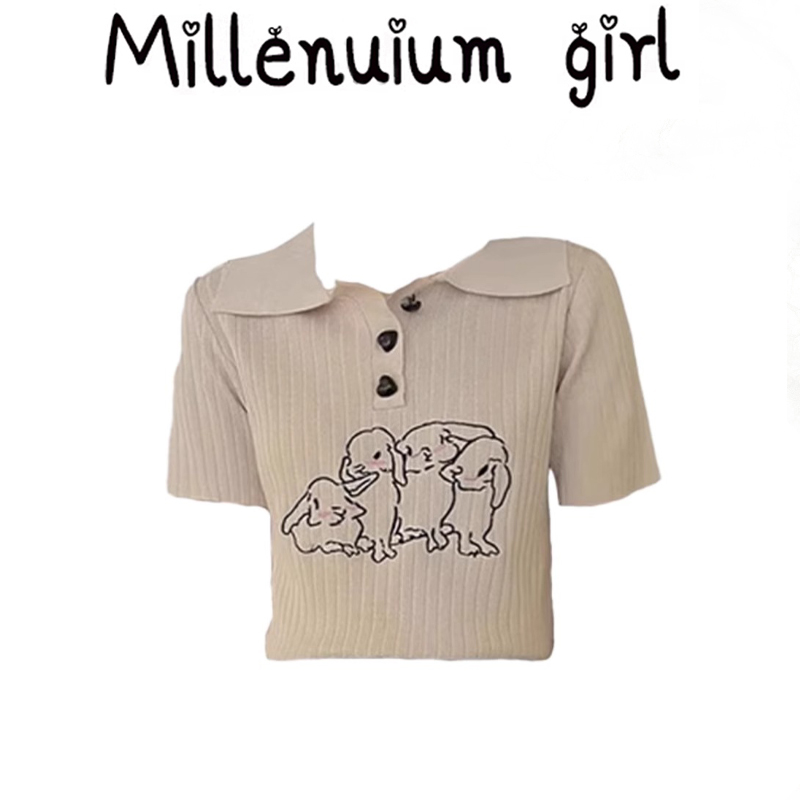 兔子刺绣polo衫短袖T恤女2025夏季新款甜辣妹修身短款针织上衣潮