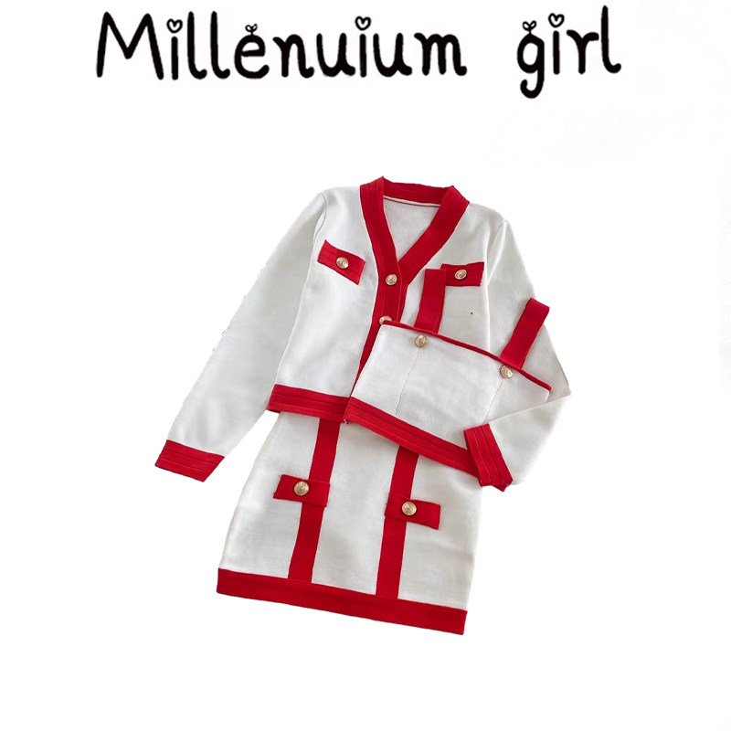 高级感小香风外套短款露肚脐针织背心上衣高腰包臀半裙套装三件套