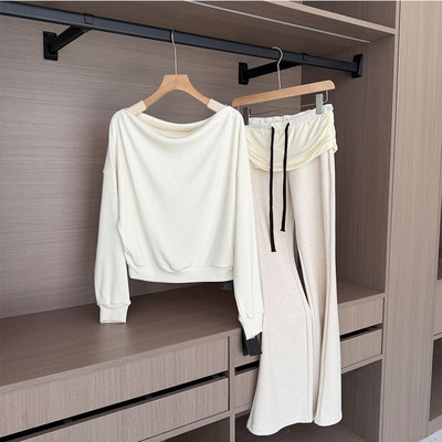 白色微喇裤加厚休闲高腰拖地垂感