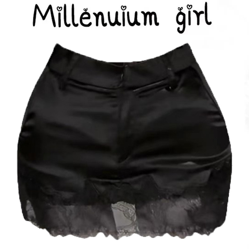 美式辣妹黑色蕾丝拼接直筒半身裙女春季新款高级感百搭性感短裙裤