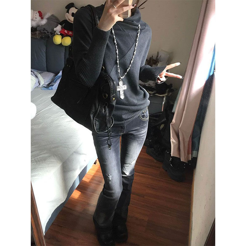 美式复古高个子加长中古黑色微喇牛仔裤女秋冬季修身显瘦低腰裤子