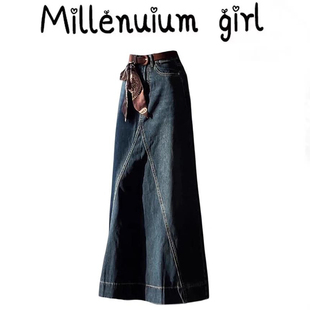 复古蓝色牛仔半身裙女秋冬新款设计感时尚洋气遮胯减龄直筒长裙子