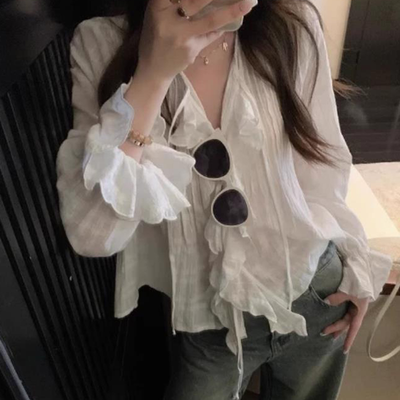 白色花边衬衫女韩系2025夏装薄款休闲宽松衬衣外套设计感长袖上衣