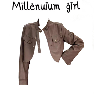 早秋立领长袖短款棕色皮衣宽松辣妹别致PU皮短外套小个子上衣女装