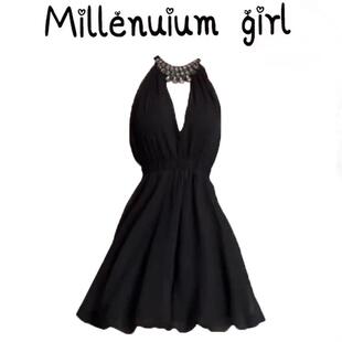 法式黑色重工镶钻挂脖连衣裙女夏季富家千金气质收腰修身包臀裙子