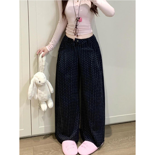 韩系小众设计黑色波点休闲阔腿裤女秋季宽松bf慵懒风小个子长裤子