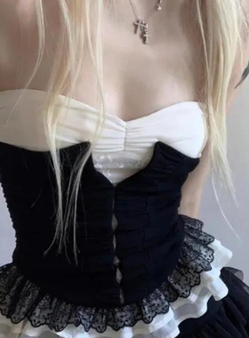 通勤法式蕾丝黑色抹胸外穿掐腰上衣小众洋气简约欧美极简廓形高分
