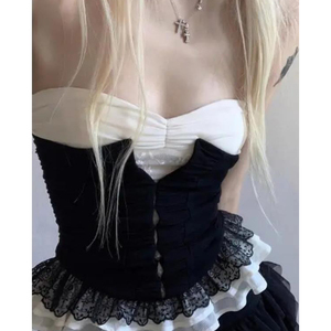 通勤法式蕾丝黑色抹胸外穿掐腰上衣小众洋气简约欧美极简廓形高分