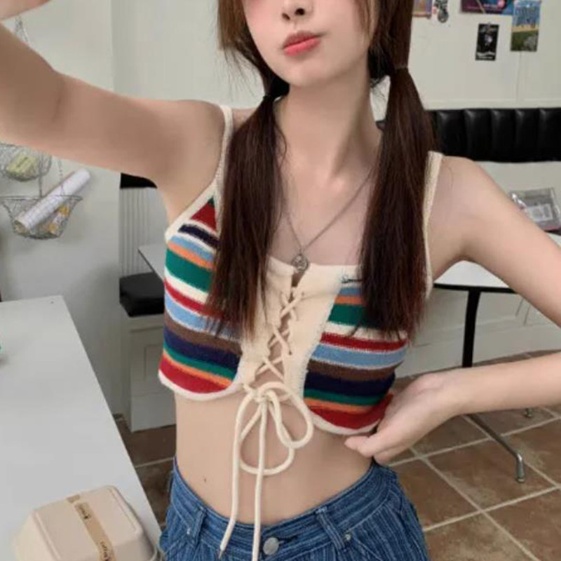 显瘦系带彩虹色爵士舞短款吊带女