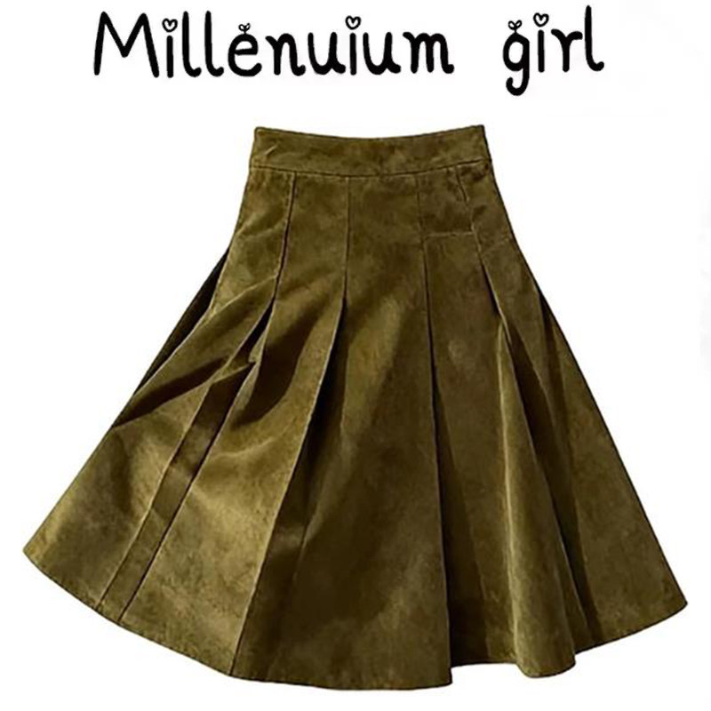 冬天配大衣的裙子重要场合漂亮复古百褶裙绿色麂皮绒a字半身裙女