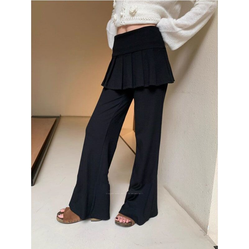 韩系百褶屁帘假两件阔腿休闲裤女秋季新款宽松直筒显瘦拖地长裤潮