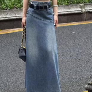 復(fù)古水洗藍(lán)2025年夏裝 設(shè)計(jì)感小眾港式 高腰A字顯瘦牛仔半身裙子女