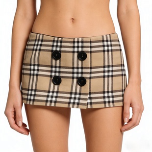 英伦格纹高腰A字短裙女夏显瘦双排扣设计感辣妹半身裙小个子必入